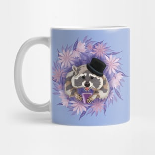 Raccoon with purple flowers with a mug of coffee. Watercolor Mug